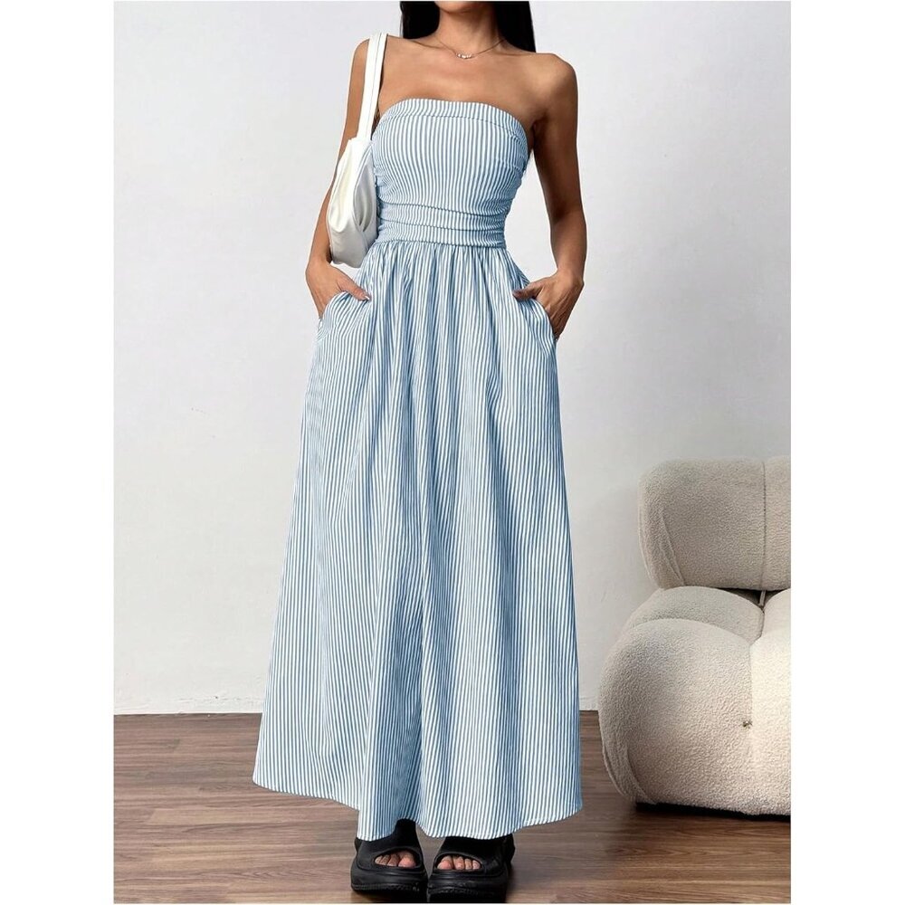 Women's Blue And White Strapless Maxi Dress Summer Tube Top Long With Pocket - Picture 4 of 5